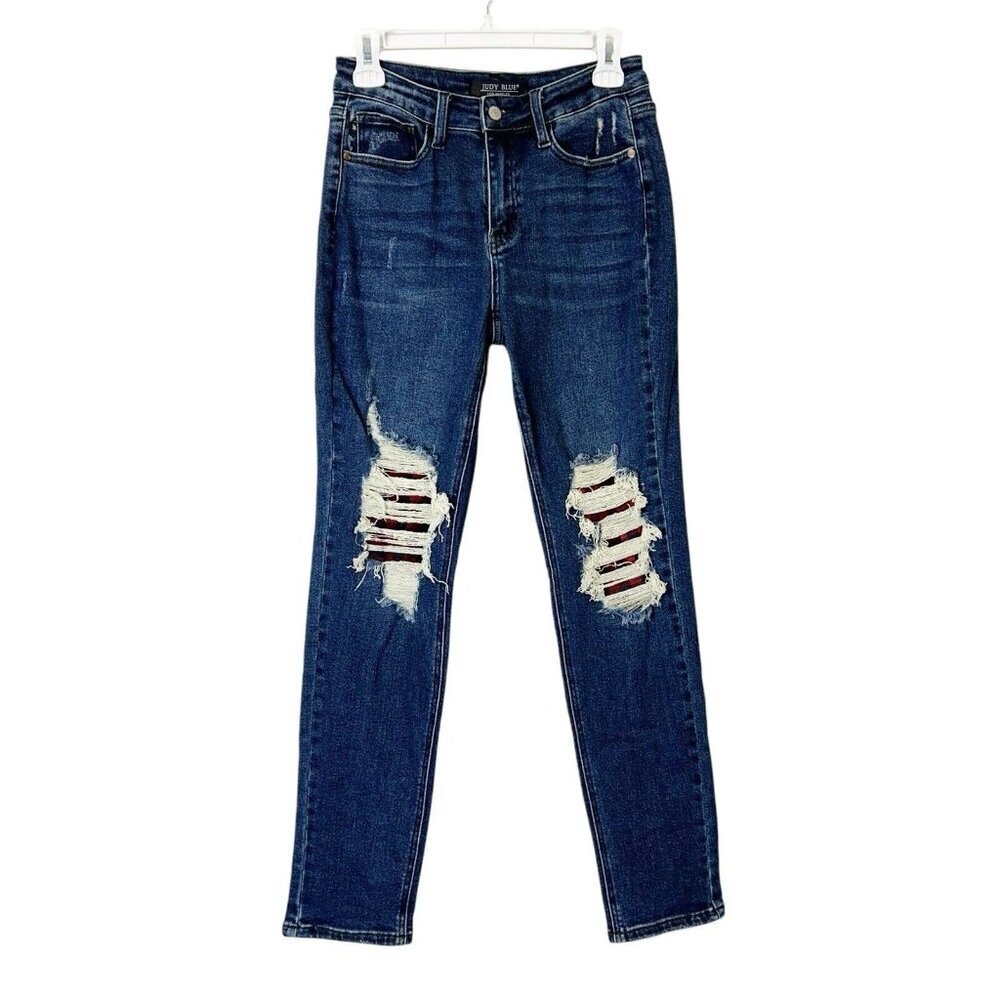 Judy Blue Boyfriend Fit‎ Jeans Womens Size 26 Buffalo Plaid Patchwork